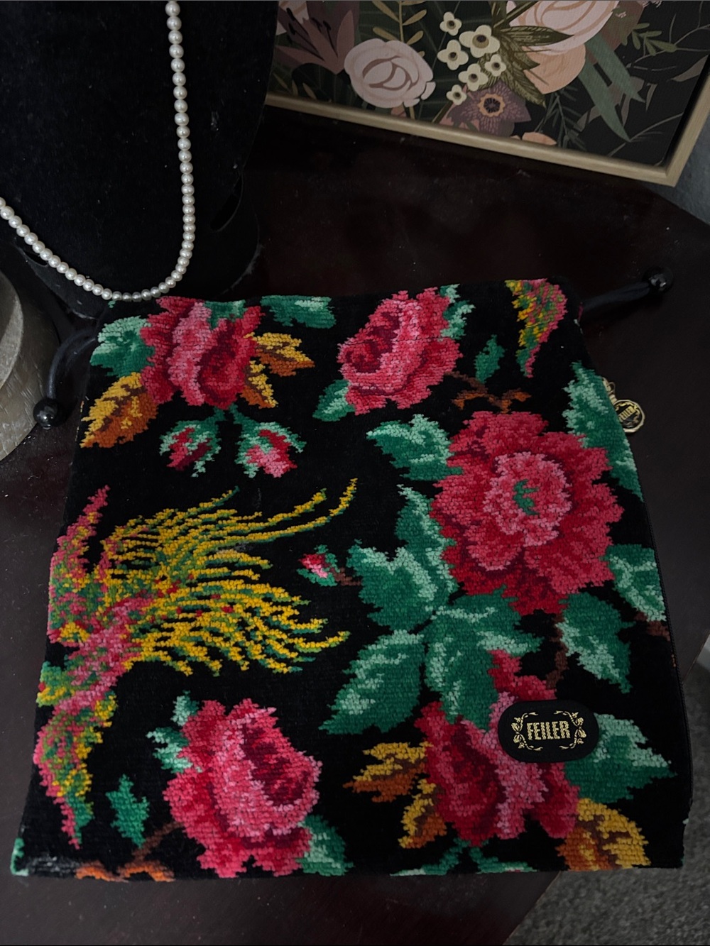 Feiler Black Floral Velvet Drawstring Bag
